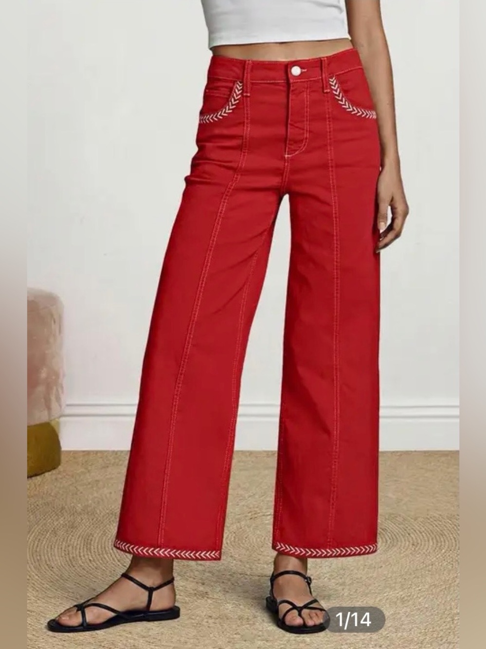 Contrast Stitch Mid Rise Wide Leg Crop Pants